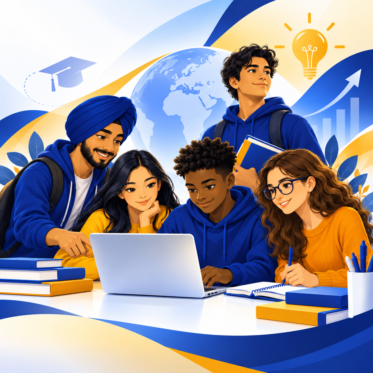 Illustration of diverse students learning together at Learn N Grow Academy